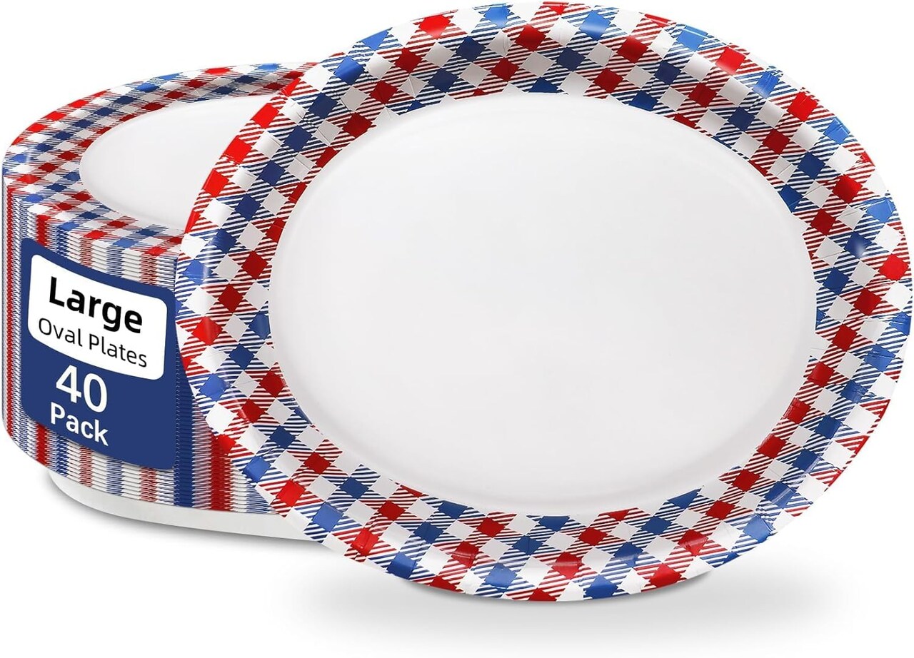 40pcs Gingham Oval Paper Plates 10" X 12" Large Patriotic Paper Plates Heavy Duty Red Blue White Disposable Dinnerware Set for 4th of July Independence Day Decorations Veterans Day Election Day